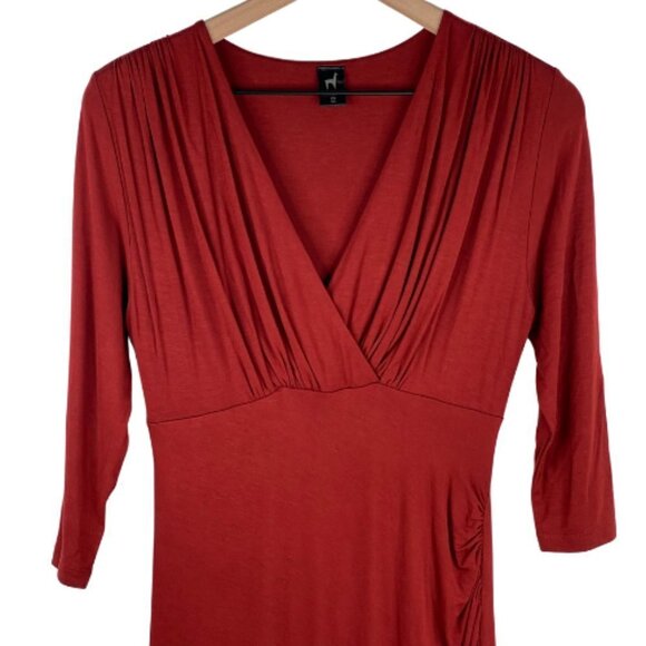 Peruvian Connection Dress Womens XS Draped V Neck Stretch Jersey 3/4 Sleeve Red - Picture 2 of 9